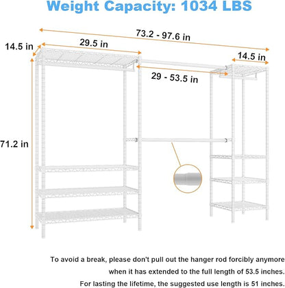 Ulif E11 Heavy-Duty Garment Rack, Metal Freestanding Clothes Rack and Closet Storage Organizer with 8 Shelves and 4 Hanger Rods, (73.2 - 97.6)"W x 14.5"D x 71.2"H, Load 1034 LBS, White