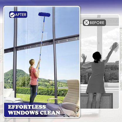 Window Squeegee Cleaner Tool Set,3-in-1 Window Cleaning Kit with 94" Long Extension Pole,Rotatable Bendable Window Washing Kit with 2 Blade 2 Scrubber for Home Car Glass Window Cleaning (11Pcs,Blue)