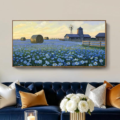 ARTZON Framed Oversized Living Room Wall Art Farmhouse Daisy Flower Barn Canvas Print Countryside Sunset Wildflower Landscape Picture Nature Rustic Blue Yellow Artwork for Bedroom Office Decor 58"×29"