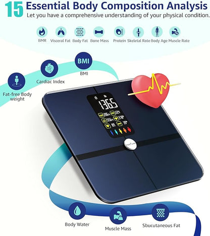 Body Fat Scale, Posture Extra Large Display Digital Bathroom Wireless Weight Scale Composition Analyzer with Heart Rate Heart Index & Body Shape Index with Free APP 400Lb Black