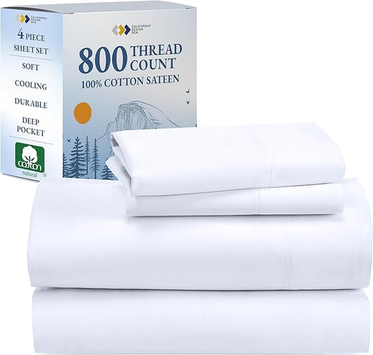 Luxury White California King Size Bed Sheets Set - Buttery Soft 800 Thread Count 100% Cotton Sheets Sateen - Beats Egyptian Claims, Deep Pockets, Durable Bedding Set (White)