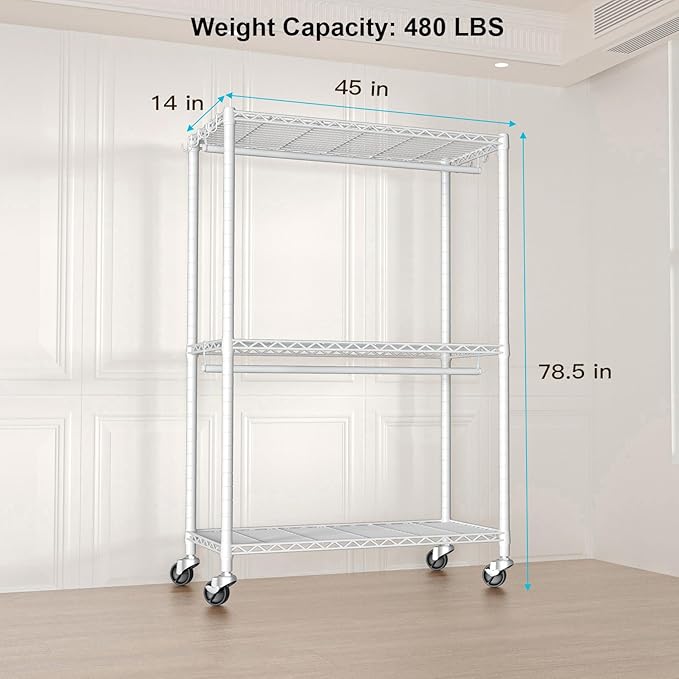 P3 Plus Rolling Clothes Rack, Clothing Racks for Hanging Clothes, Heavy Duty Garment Rack with Wheels, Freestanding Portable Closet Rack 45" W x 14" D x 78.5" H, Max Load 480 LBS, White