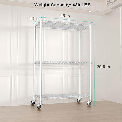 P3 Plus Rolling Clothes Rack, Clothing Racks for Hanging Clothes, Heavy Duty Garment Rack with Wheels, Freestanding Portable Closet Rack 45" W x 14" D x 78.5" H, Max Load 480 LBS, White