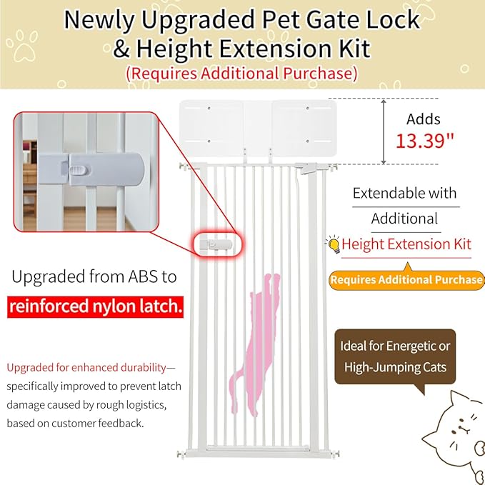 Lumizone Extra Tall Cat Gate 55.12" High Pressure Mounted Extra Wide 2025 New (17 Sizes) 1.37" Gap No Drilling Auto-Close One-Handed Operation Tall Pet Gate for Dogs(White, 55.12" H x 42.52"-46.64" W)