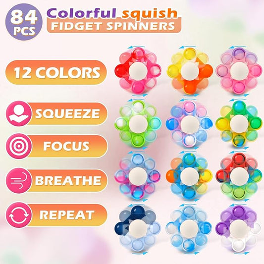 84 PCS Pop Fidget Spinners - Colorful Party Favors for Kids - Sensory Toys for Stress Relief and Anxiety - Classroom Prizes,Goodie Bag Stuffers,Birthday Gifts