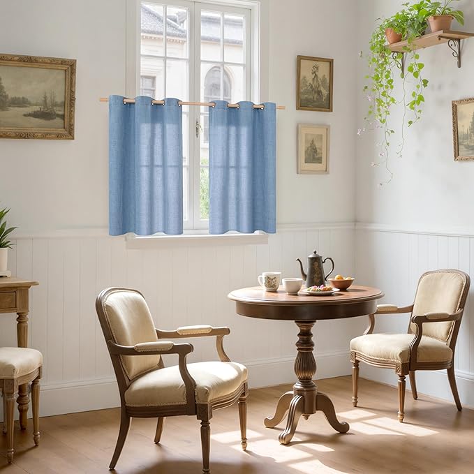 YoungsTex Denim Blue Linen Kitchen Window Curtains 40 Inches Long, Semi Sheer Short Drapes with Bronze Grommet Privacy Light Filtering for Bathroom Cafe Windows, 42 x 40 Inch, 2 Panels