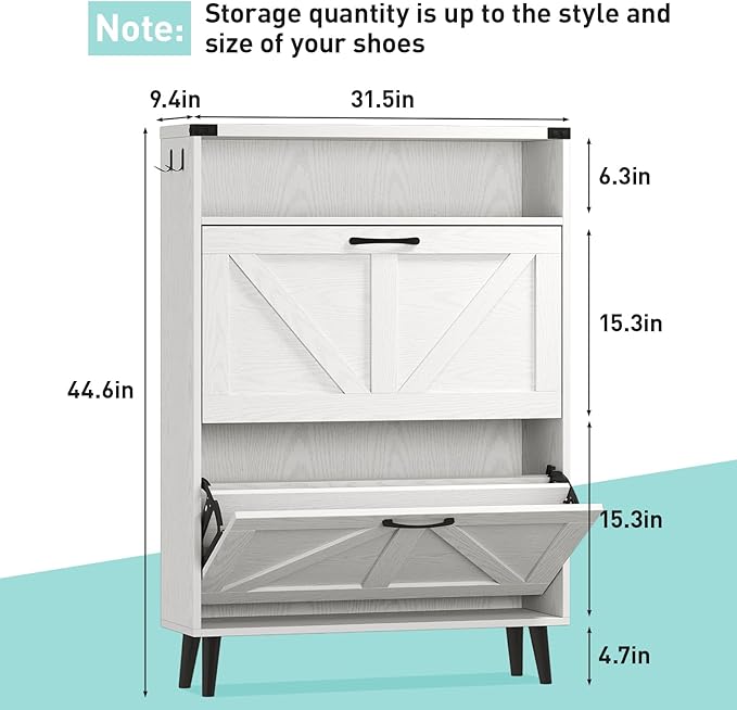 Vabches Shoe Storage Cabinet with 2 Flip Drawers,Freestanding Narrow Shoe Organizer with Open Storage,Hidden Slim Shoe Rack Cabinet for Entryway,White (2 Pack)
