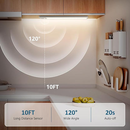 Ascher 15.2inch Under Cabinet Lights, 3000mAh Rechargeable Motion Sensor Light indoor, 3 Color Temperatures & Stepless Dimmable Closet Lights, Magnetic Under Counter Light for Kitchen, Silver - 2 Pack
