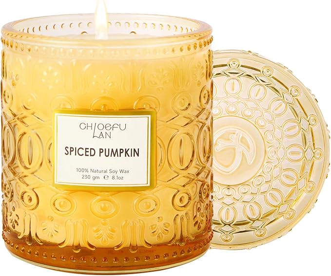 Chloefu LAN Fall Candles for Home Decor Spiced Pumpkin Candle for Halloween, Luxury Scented Soy Jar Autumn Candles with up to 55 Hour Long Lasting, Sweet Home Decor, Barn Fall Decor Pottery, 8.1 oz