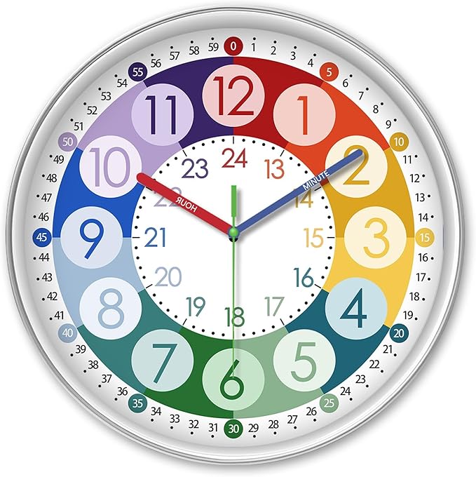 XFM Colorful Kid Wall Clock 16 Inch Silent Non Ticking Quartz Battery Operated Decorative Time Teaching Clock for Living Room Bedroom Classroom