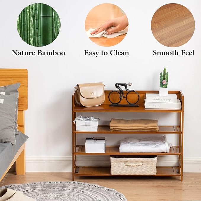 4 Tier Shoe Rack Organizer, 4 Tire Bamboo Stackable Shoe Shelf Storage Organizer, for Entryway, Hallway, and Closet (Brown)