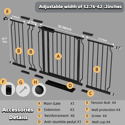 TSAYAWA Extra Wide Baby Gate with Door, 52.76~62.2 Inch Wide Presure Mounted No Drill Metal Auto Close Child Gate for Stair Doorway - Indoor Outdoor Safty Gate for Toddler Dog Doggie, Black