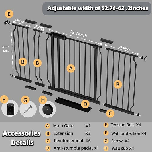 TSAYAWA Extra Wide Baby Gate with Door, 52.76~62.2 Inch Wide Presure Mounted No Drill Metal Auto Close Child Gate for Stair Doorway - Indoor Outdoor Safty Gate for Toddler Dog Doggie, Black