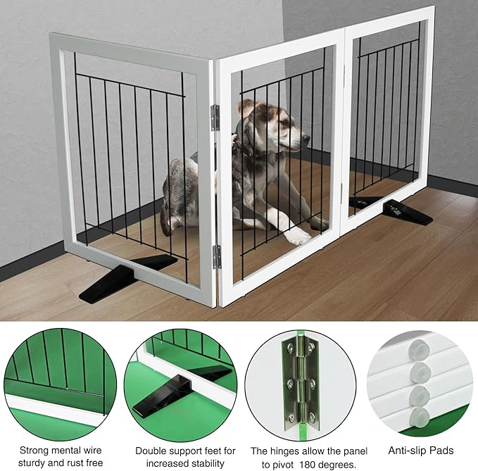 ZJSF Freestanding Dog Gate Indoor, Foldable Dog Fence for Doorways,Hallways or Stairs, Sturdy Wood Extra Wide Pet Gate with Support Feet,White