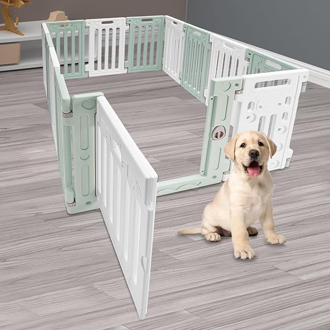 Dog Playpen with Door, 13 Panels Green Freestanding Pet Safety Fence, Removable & Stackable Pet Safety Fence or Small Dogs and Cats 53.54x40.55x25.6 in