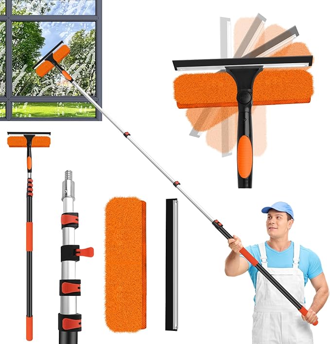 26FT High Window Cleaning Kit with Pole, 2 in 1 Window Squeegee for Window Cleaning,5-20FT Professional Window Cleaning Kit with Pole,180°Rotatable Squeegee for Indoor/Outdoor High Windows,Home,Car