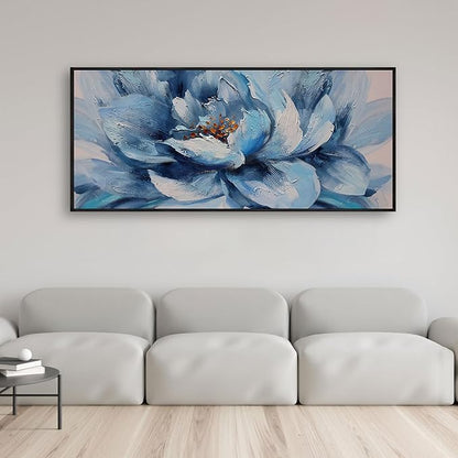 XLSJERST Large Flower Canvas Wall Art for Living Room - Blue and White Flower Picture Print Painting Wall Decor Framed Artwork Ready to Hang for Home Bedroom Wall Decoration Size 70x31 Inches