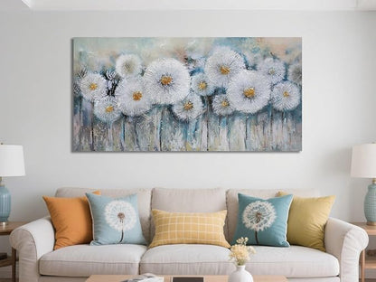 Acocifi Floral Canvas Wall Art for Living Room Dandelion Picture Flower Bedroom Painting 60% Handmade Textured, Grey Vintage Artwork Extra Large Framed for Dining Room Office Home Decor 58"x29"