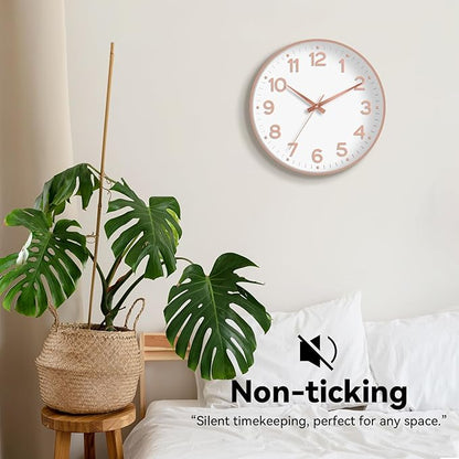 Wall Clock 10 Inch Silent Wall Clocks Battery Operated-Modern Non Ticking Analog Clock Decorative for Kitchen Bedroom Office Bathroom(White Rose Gold)