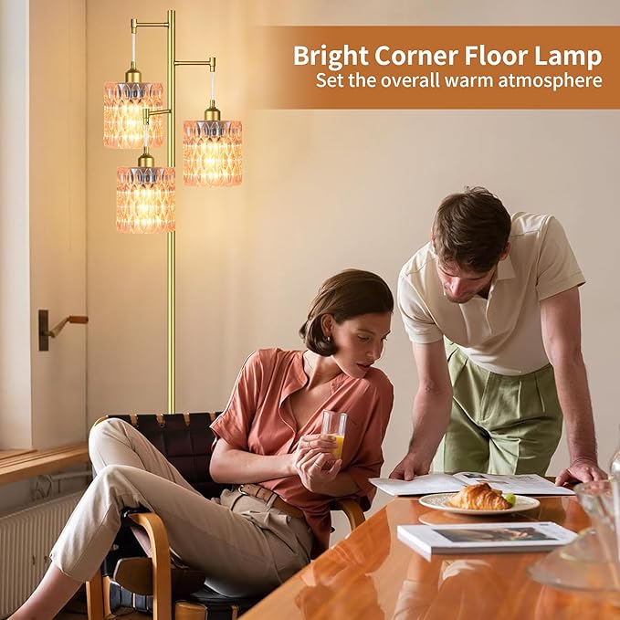 3 Lights Tree Floor Lamps for Living Room,Gold Modern Floor Lamps with Amber Glass Shades,Vintage 68IN Standing Tall Lamp with 800 Lumens Bulbs,Mid Century Floor Lamp for Bedroom Corner Office