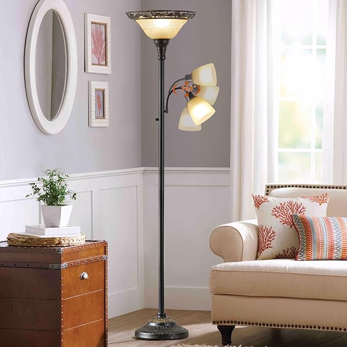 Luvkczc Torchiere Floor Lamps for Living Room, 70" Lamps for Living Room with Etched Glass Shade, Metal Pole & Heavy Base, Vintage Standing lamp Decor for Bedroom, Living Room, Office