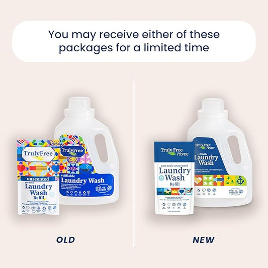 Truly Free Laundry Wash Detergent for Sensitive Skin, Gentle & Safe for Baby Clothes | Plant-Based, Natural Ingredients | Unscented | Include 1 Refillable Bottle (50 Loads)