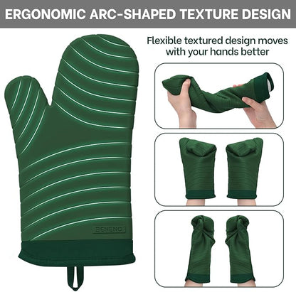 Beneno Premium Silicone Oven Mitts 2-Pack Heat Resistant 500°F, Soft Flexible Non-Slip Grips, BPA-Free & Waterproof Oven Mitts with Comfort Cotton Lining for Baking, Grilling, Cooking, 7"x13", Green