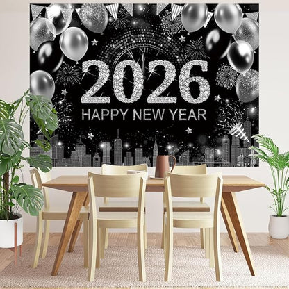 Silver 2026 Happy New Year Backdrop 7x5ft with Firework Balloon Decorations Photography Background New Year Eve Party Photo Studio Props