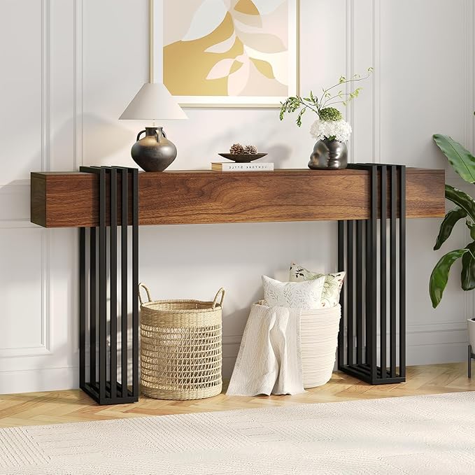 63 Inch Long Console Table, Extra Thick Industrial Sofa Table Behind The Couch Rectangular Entryway Table for Entrance Hallway Living Room, Entire top Board & 4-Pipe Legs, Rustic Brown