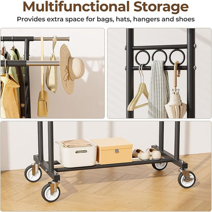 Clothing Racks for Hanging Clothes: Heavy Duty Rolling Garment Rack 600LBS Coat Rack with Wheels Shelves Portable Closet Wardrobe Adjustable Metal Sturdy Cloth Rack Hanger Storage Organizer Black