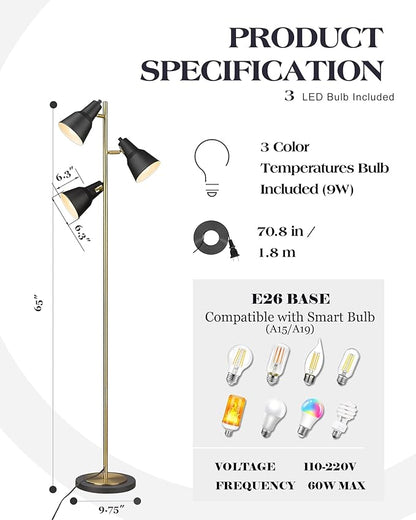 ELYONA Gold Tree Floor Lamp with 3 Adjustable Rotating Lights, Industrial Tall Pole Metal Standing Lights with 3 LED Bulbs for Living Room,Bedroom,Farmhouse,Office,Hotel, Vintage Brushed Brass & Black