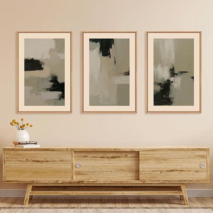 HLNIUC Abstract Neutral Wall Art, Minimalist Black Tan Canvas Wall Decor, Modern Paint Stroke 16"x24" Framed Art Set of 3, Earth Tone Shapes Prints for Living Room, Bedroom, Office