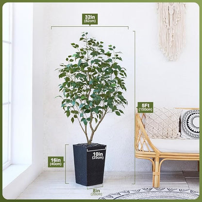 5ft Tall Artificial Ficus Tree in Black Planter with Pebbles | UV Resistant Faux Tree for Indoor & Outdoor | Realistic Floor Plant Decor for Home, Office (VN128)