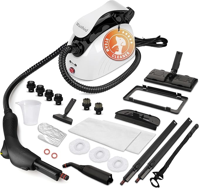 Steam Cleaner with 21 Specialized Attachments, 1.08-Liter Water Tank, 248°F High-Temperature Steam, Suitable for Floors, Tiles, Carpet, and Kitchen Surfaces, Enables Chemical-Free Cleaning (White)