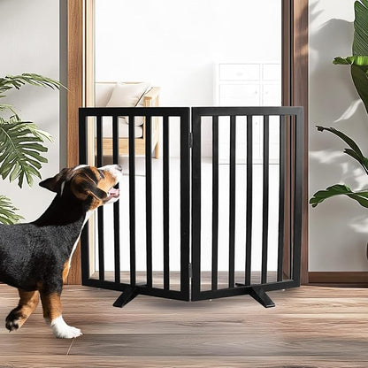 Dog Gate Indoor, Freestanding Dog Fence for The House, Doorways, Hallways,or Stairs,Pet Gate Foldable Wooden,Expandable 32" Height 2 Panels,Black