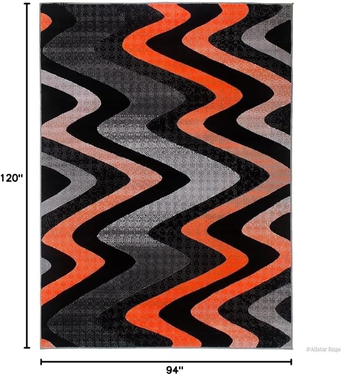 Allstar 8x10 Grey and Gainsboro Grey Modern and Contemporary Rectangular Accent Rug with Orange and Charcoal Grey Wavy Zigzag Design (7' 9" x 9' 8")