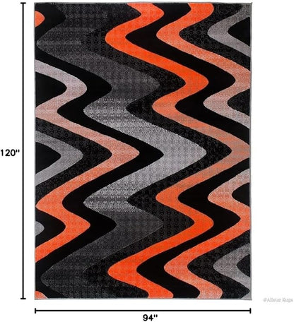 Allstar 8x10 Grey and Gainsboro Grey Modern and Contemporary Rectangular Accent Rug with Orange and Charcoal Grey Wavy Zigzag Design (7' 9" x 9' 8")