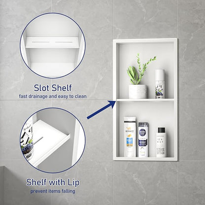 Stainless Steel Shower Niche 24" X 12" Matte White No Tile Needed Vertical Niche Shower with Two- Tier Shelves Recessed Wall Niches for Bathroom Storage Over Mount Installation