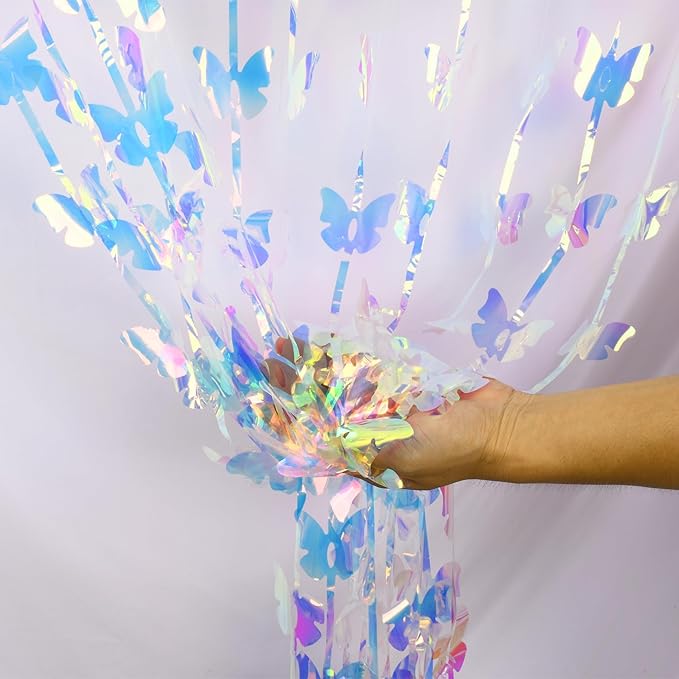 BRAVESHINE Iridescent Hanging Butterfly Foil Fringe Curtain - 2 Pack 3.2x6.6ft Holographic Party Streamers Backdrop for Bridal Shower/Mermaid/Frozen/Fairy/Princess/Butterfly Birthdays Decorations