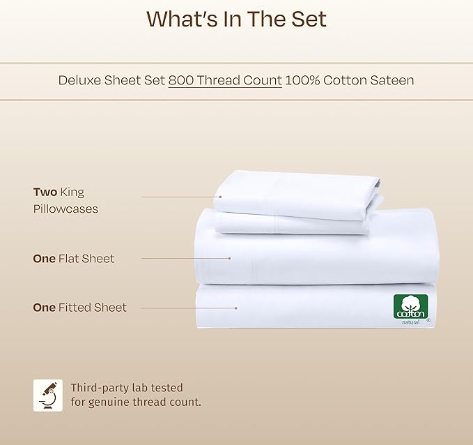 Luxury White California King Size Bed Sheets Set - Buttery Soft 800 Thread Count 100% Cotton Sheets Sateen - Beats Egyptian Claims, Deep Pockets, Durable Bedding Set (White)