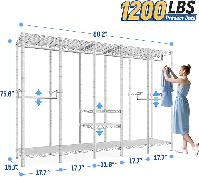 Raybee 88.2" W Clothes Rack Heavy Duty Clothing Racks for Hanging Clothes Portable Closet Loads 1200LBS Freestanding Garment Rack for Bedroom 88.2" W x 75.6" H x 15.7" D, White