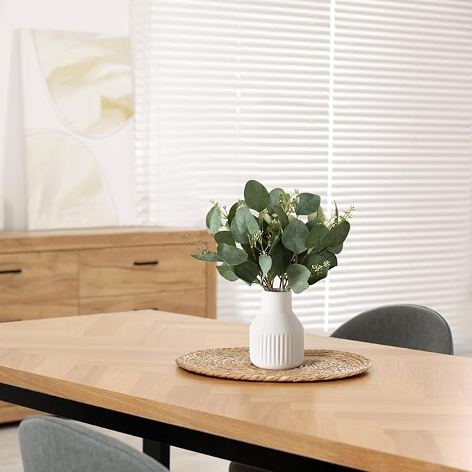 Dahey Artificial Eucalyptus Stems in Small Ceramic Vase Centerpiece Table Decorations Modern Farmhouse Decor Fake Eucalyptus Plants with Vase for Bathroom Kitchen Shelf Living Room Home Decor, White