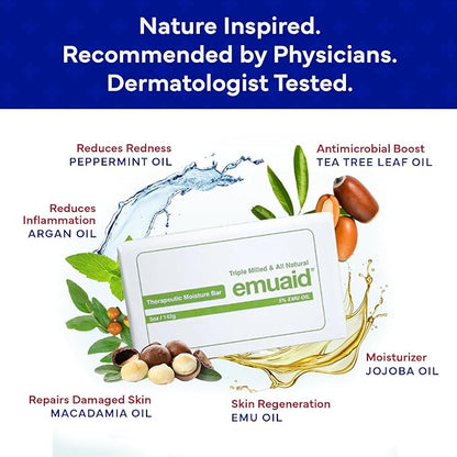 emuaid Therapeutic Moisture Bar, Cleansing Face and Body Bar Soap, Soothes and Repairs Dry, Damaged Skin with 5% Emu Oil, Tea Tree Oil, Argan Oil, Macadamia, & Jojoba, For All Skin Types, 5oz, 1 Pack