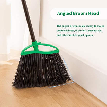2 Pack Heavy Duty Brooms, 55" Long Handle Indoor Outdoor Angle Broom Set, Household Commercial Floor Cleaning, for Sweeping Home, Kitchen, Deck, Garage, Patio - Green