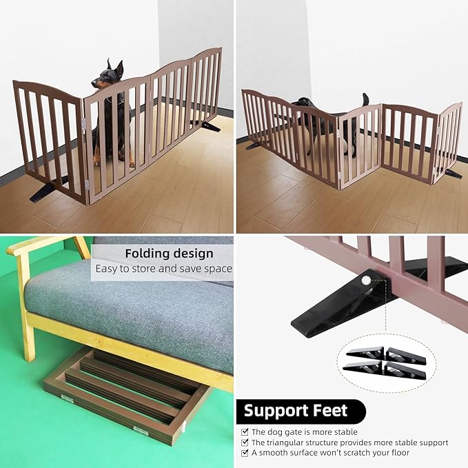 ZJSF Foldable Freestanding Indoor Dog Gate for House Wood Long Pet Gates Dog Fence for Stairs Puppy Gates for Hallways, Puppy Gate,Support Feet Included, Brown, 24 "Height-4 Panels