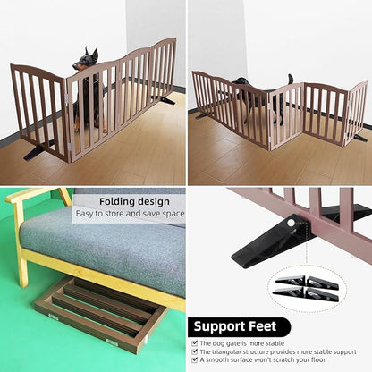 ZJSF Foldable Freestanding Indoor Dog Gate for House Wood Long Pet Gates Dog Fence for Stairs Puppy Gates for Hallways, Puppy Gate,Support Feet Included, Brown, 24 "Height-4 Panels