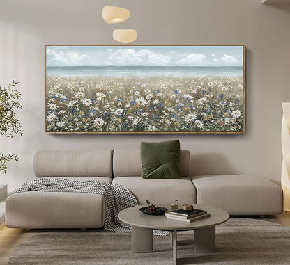 amatop Oversized Framed Canvas Wall Art 6x2.6 ft – Extra Large Farmhouse Art Work Boho Beach Coastal Ocean Nature Daisy Flowers Landscape Picture for Giant Living Room Bedroom Office Decor 71“x31”