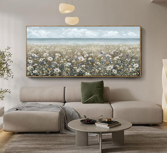 amatop Oversized Framed Canvas Wall Art 6x2.6 ft – Extra Large Farmhouse Art Work Boho Beach Coastal Ocean Nature Daisy Flowers Landscape Picture for Giant Living Room Bedroom Office Decor 71“x31”