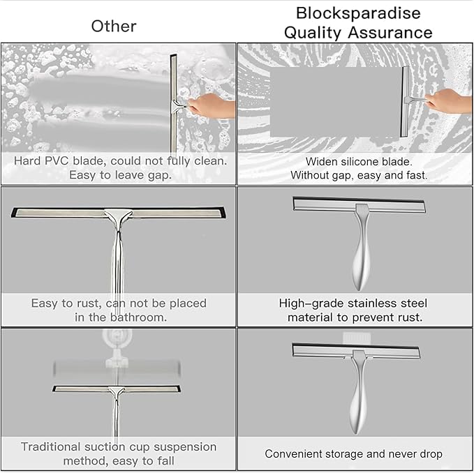 peafowl Shower Squeegee Stainless Steel Bath Squeegee for Shower Glass Doors Bathroom Windows Kitchen Mirror and Car Glass with Hooks Holder (10 inch, Brushed Silver)