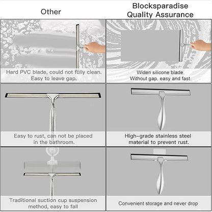 peafowl Shower Squeegee Stainless Steel Bath Squeegee for Shower Glass Doors Bathroom Windows Kitchen Mirror and Car Glass with Hooks Holder (10 inch, Brushed Silver)